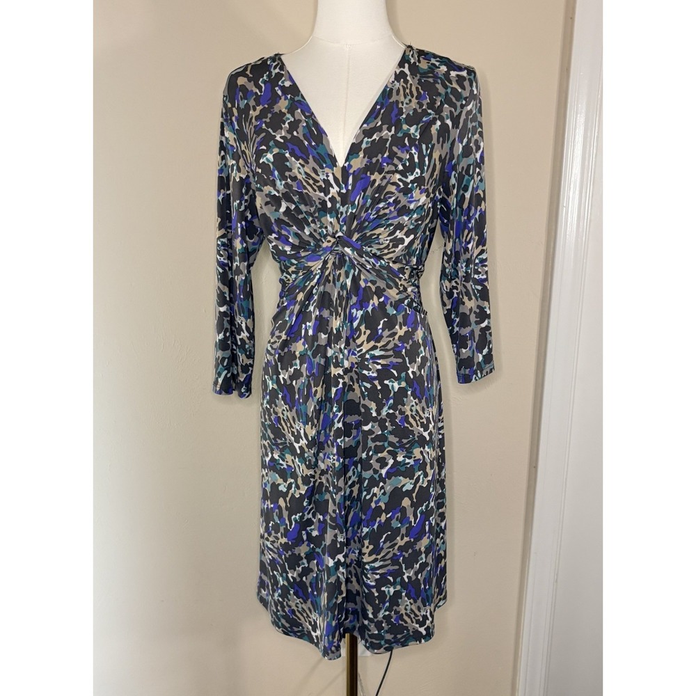 VTG MSK Brown/Teal/Purple Abstract 3/4 Sleeve Shift Dress 12P Front Twist V-Neck